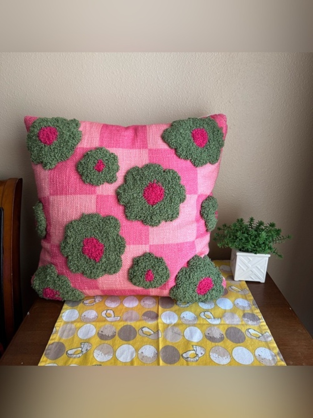 Tuft checkerboard green and pink floral pillow